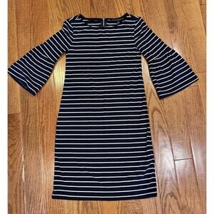 White House Black Market Navy Blue White Striped 3/4 Bell Sleeve Shift Dress XXS